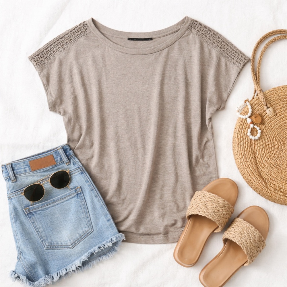 Ricki’s Linen Blend Crochet Shoulder Tee Taupe Relaxed Fit Top NWT S-XXL